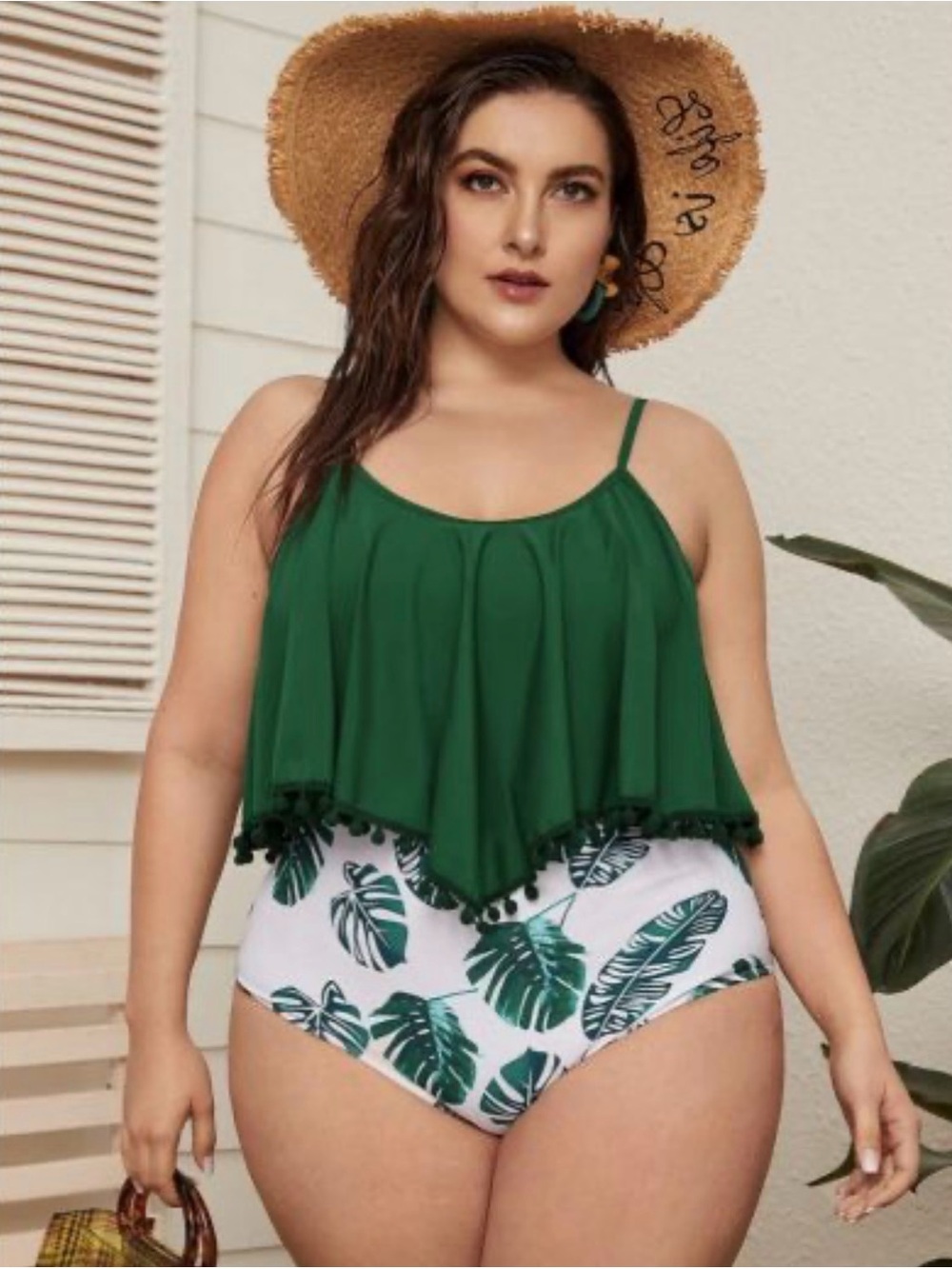 Green Pom-Pom Tankini Swim Top with Tropical Print Bottom Onepiece